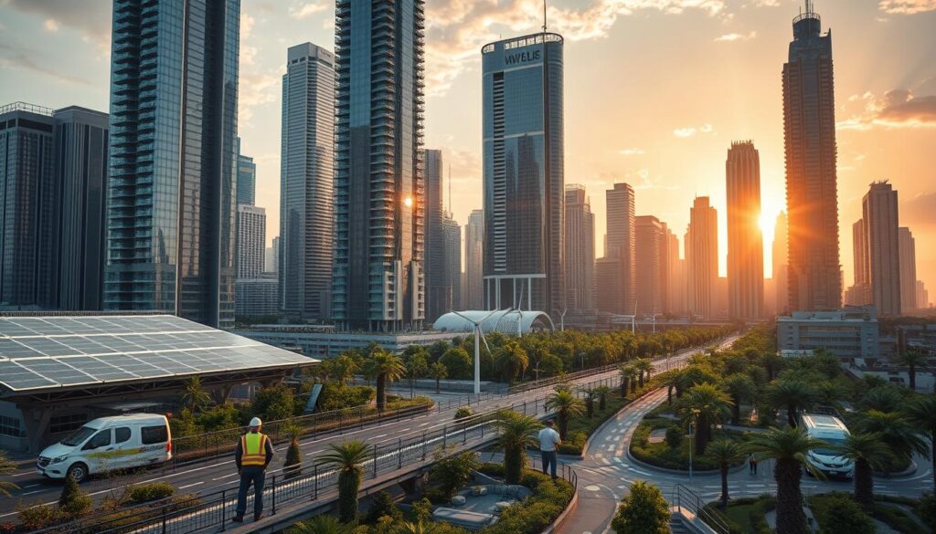 A futuristic cityscape with towering skyscrapers powered by renewable energy sources. In the foreground, a group of engineers collaborating on a sustainable infrastructure project, utilizing cutting-edge technologies like solar panels, wind turbines, and smart grids. The middle ground showcases electric vehicles, pedestrian-friendly walkways, and lush green spaces, all seamlessly integrated into the urban landscape. The background is illuminated by a warm, golden sunset, casting a hopeful glow over the scene and highlighting the harmonious coexistence of technology and nature. The overall atmosphere conveys a sense of innovation, progress, and a commitment to environmental responsibility.