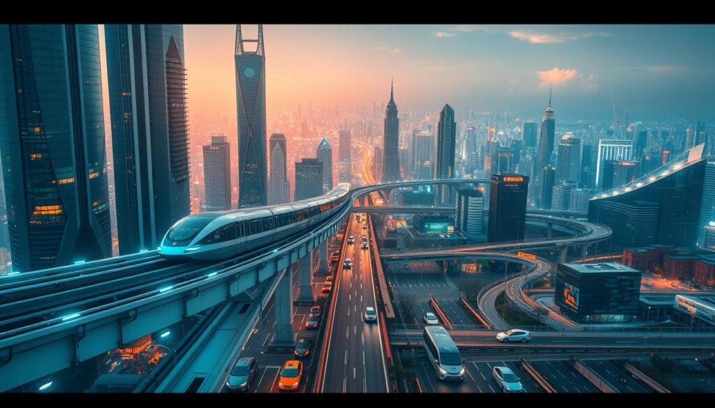 A futuristic cityscape with towering skyscrapers, sleek automated transportation systems, and bustling hubs of activity. In the foreground, a network of elevated magnetic levitation trains glide effortlessly through the air, their smooth silhouettes reflecting the vibrant city lights. In the middle ground, autonomous electric vehicles navigate intelligent traffic grids, communicating with each other and infrastructure to optimize flow. The background is dominated by a sprawling metropolis, its buildings bathed in a warm, futuristic glow, hinting at the integration of renewable energy and advanced smart city technologies. The scene conveys a sense of efficiency, innovation, and a vision for the future of transportation asset management.