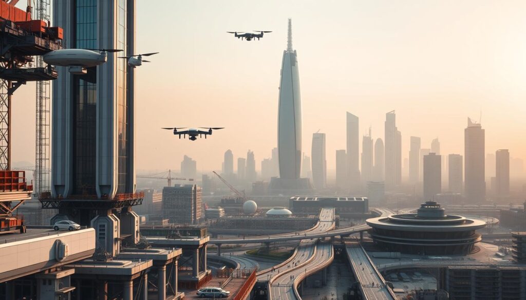 A futuristic construction site set in an urban landscape. In the foreground, advanced robotic machinery autonomously erects a towering, sleek skyscraper with clean lines and glass facades. Hovering drones monitor progress and transmit real-time data. The middle ground features a network of connected pathways and transit systems, with self-driving vehicles and pedestrians moving efficiently. In the background, a gleaming, techno-organic skyline rises, bathed in a warm, diffused light that casts long shadows. The atmosphere exudes a sense of innovation, sustainability, and the seamless integration of technology into the built environment.