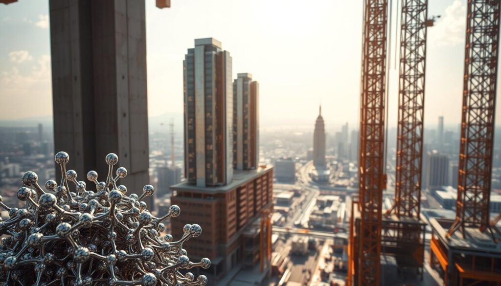 A futuristic construction site where nanotechnology-infused materials take center stage. In the foreground, a molecular-scale view showcases the intricate interplay of engineered nanoparticles, seamlessly integrated into concrete, steel, and composite structures. The middle ground depicts towering skyscrapers, their facades gleaming with advanced nanomaterials that enhance durability, thermal efficiency, and self-healing capabilities. In the background, a panoramic vista of a bustling metropolis, where the skyline is dotted with innovative architectural marvels, all made possible by the transformative power of nanotechnology. Lighting is crisp and directional, casting dramatic shadows and highlighting the intricate details of the materials. The overall mood is one of technological progress and the boundless possibilities of civil engineering innovation.