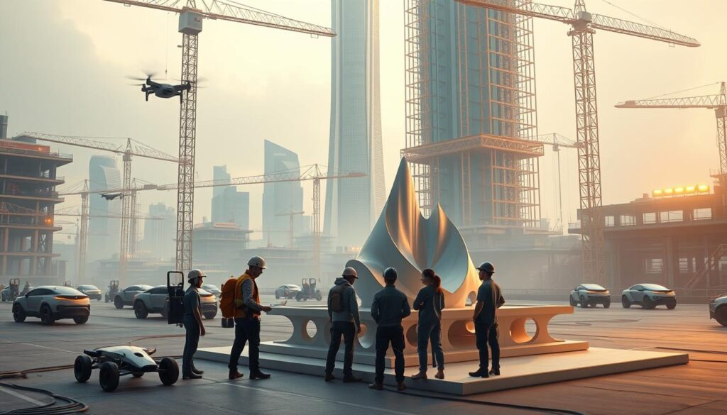 A futuristic construction site with a towering 3D-printed skyscraper in the background, surrounded by a fleet of autonomous construction vehicles and drones. In the foreground, a team of engineers and architects inspect a 3D-printed scale model, marveling at the intricate details and organic curves. The scene is bathed in a warm, futuristic glow, with clean lines and minimalist design elements reflecting the cutting-edge technology transforming the industry. Soft shadows and a slightly hazy atmosphere create a sense of wonder and possibility, hinting at the boundless potential of 3D printing in the construction of tomorrow's cities.