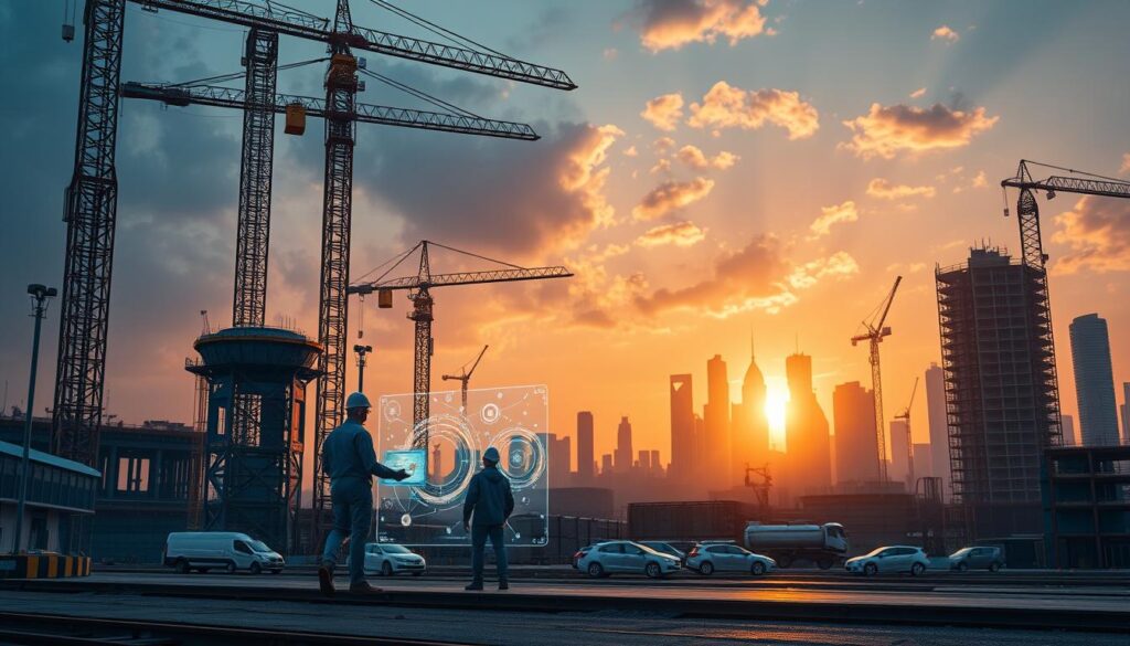 A futuristic construction site with towering cranes, sleek architectural designs, and cutting-edge technology. In the foreground, a team of engineers and project managers collaborate on a holographic display, coordinating the latest advancements in construction management. The middle ground showcases robotic assistants and autonomous vehicles, streamlining the building process. In the background, a skyline of sustainable, eco-friendly skyscrapers emerges, reflecting the innovative solutions transforming the industry. Warm, ambient lighting and a dynamic, forward-thinking atmosphere capture the essence of the future of construction project management.