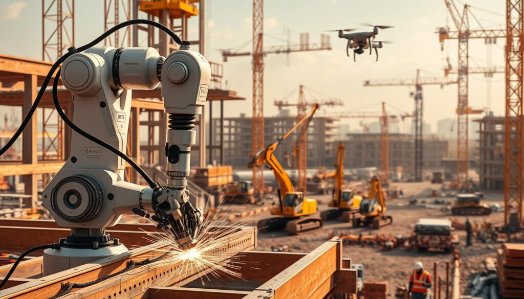 A futuristic construction site with workers and heavy machinery enhanced by AI-powered technologies. In the foreground, a robotic arm precisely cuts and welds steel beams, guided by intricate sensor data. In the middle ground, autonomous excavators and cranes move materials efficiently, their movements choreographed by a centralized control system. In the background, a network of drones monitors progress, relaying real-time updates to a control center with advanced BIM (Building Information Modeling) software. The scene is bathed in a warm, golden light, conveying a sense of technological progress and innovation in the construction industry.