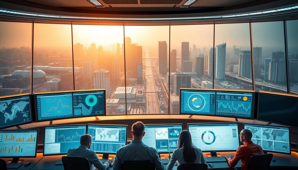 A futuristic control room filled with interactive displays, monitoring the performance of transportation assets in real-time. The room is bathed in a warm, soft light, with a panoramic window overlooking a bustling city skyline. Sleek, minimalist workstations are arranged in a semi-circular layout, each with a high-resolution screen showing data visualizations, heat maps, and predictive analytics. In the foreground, a team of engineers and analysts review the information, making informed decisions to optimize asset utilization and maintenance schedules. The atmosphere is one of focused productivity, with a hint of technological sophistication.
