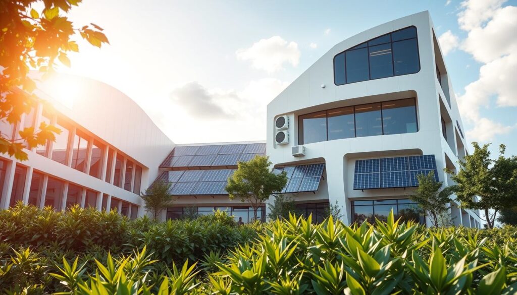 A futuristic, energy-efficient building with sleek, modern architecture. The exterior features an array of solar panels seamlessly integrated into the facade, harnessing renewable energy. Strategically placed windows allow natural light to flood the interior, minimizing the need for artificial lighting. Cutting-edge heating, ventilation, and air conditioning (HVAC) systems are discreetly embedded, maintaining optimal climate control. In the foreground, a lush, verdant landscape with native plants complements the building's sustainable design. The overall scene conveys a sense of innovation, environmental consciousness, and the harmonious integration of technology and nature.