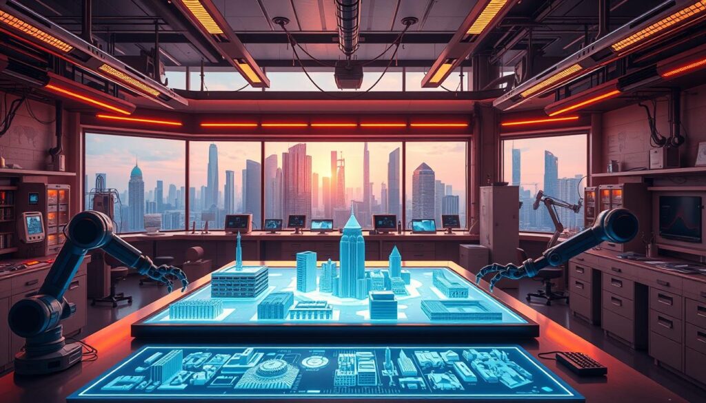 A futuristic engineering laboratory, bathed in warm, ambient lighting. On the central workbench, holographic displays showcase intricate 3D models of cutting-edge architectural designs, while robotic arms manipulate microscopic components. In the background, a panoramic window reveals a skyline of towering, bio-inspired skyscrapers powered by renewable energy sources. The atmosphere is one of collaborative innovation, where brilliant minds push the boundaries of what's possible in sustainable, adaptive infrastructure. A glimpse into the engineering standards of tomorrow.