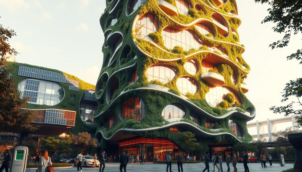 A futuristic high-rise building with an organic, plant-inspired design. The exterior is covered in solar panels and greenery, blending seamlessly with the natural environment. Large windows let in abundant natural light, while intricate architectural elements, like flowing curved lines and cantilevered balconies, add visual interest. In the foreground, there are people interacting with the building, demonstrating its eco-friendly features, such as electric vehicles charging stations and public green spaces. The scene is bathed in warm, golden light, creating a serene and inviting atmosphere. The overall impression is of a cutting-edge, sustainable building that harmonizes with its surroundings.