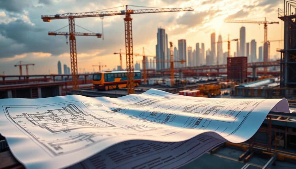 A futuristic, industrial landscape showcasing the integration of technology standards within the construction industry. In the foreground, a blueprint unfolds, detailing intricate building schematics and architectural specifications. The middle ground features a construction site bustling with activity, cranes, and workers donning high-visibility gear, implementing the latest technological protocols. In the background, a skyline of towering skyscrapers and modern infrastructure, representing the seamless fusion of advanced building techniques and cutting-edge technology standards. Warm, directional lighting illuminates the scene, casting long shadows and highlighting the precision and innovation inherent in the construction process. Captured through a wide-angle lens, the image conveys the scale, complexity, and systematic nature of the industry's technological advancements.
