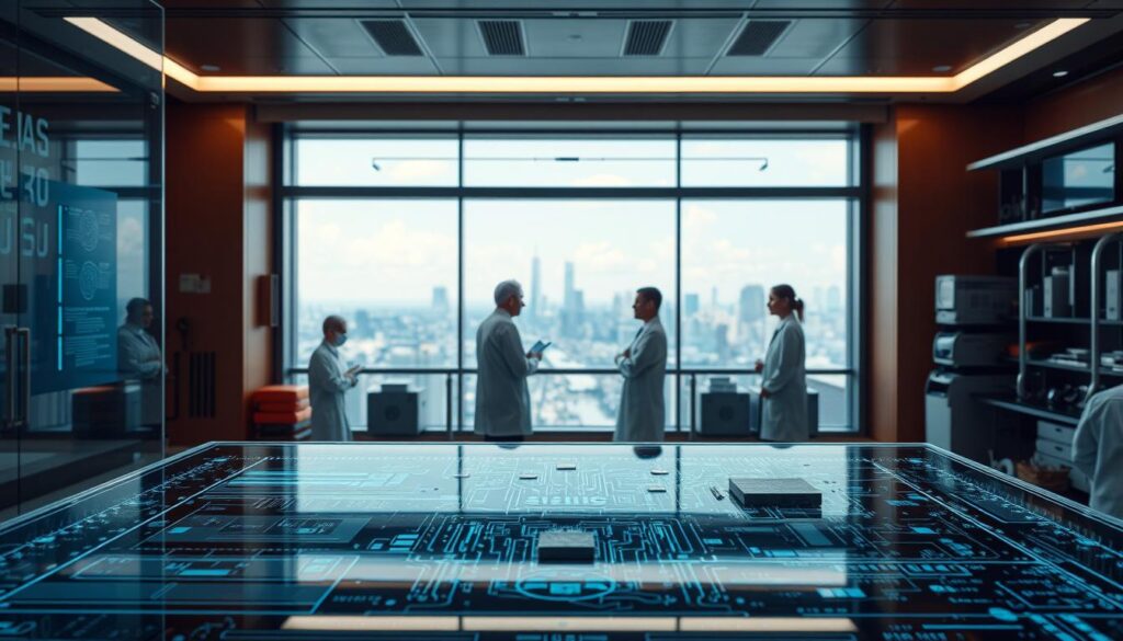 A futuristic laboratory filled with advanced smart glass technologies. In the foreground, a sleek glass panel displays a complex digital interface, its surface reflecting the muted lighting above. In the middle ground, a team of engineers in white coats examines the intricate circuitry and architectural components of a prototype smart window, studying the challenges of integrating sensors, energy-efficient coatings, and dynamic tinting. The background reveals a panoramic city skyline, hinting at the potential of smart glass to transform urban landscapes with intelligent, responsive architecture. The scene conveys a sense of scientific exploration, technical complexity, and the ever-evolving nature of smart glass engineering.