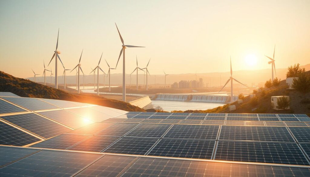 A futuristic landscape showcasing a variety of innovative renewable energy systems. In the foreground, sleek solar panels capture the sun's rays, their reflective surfaces gleaming under a warm, golden light. In the middle ground, towering wind turbines spin gracefully, their blades cutting through the air with a gentle, rhythmic motion. Beyond them, a series of modular hydroelectric generators harness the power of flowing water, their turbines submerged in a serene, glistening river. In the background, a range of eco-friendly energy storage solutions, such as battery banks and hydrogen fuel cells, stand ready to store and distribute the clean, sustainable power generated by this integrated, cutting-edge system. The overall scene conveys a sense of technological advancement, environmental harmony, and a vision for a sustainable energy future.