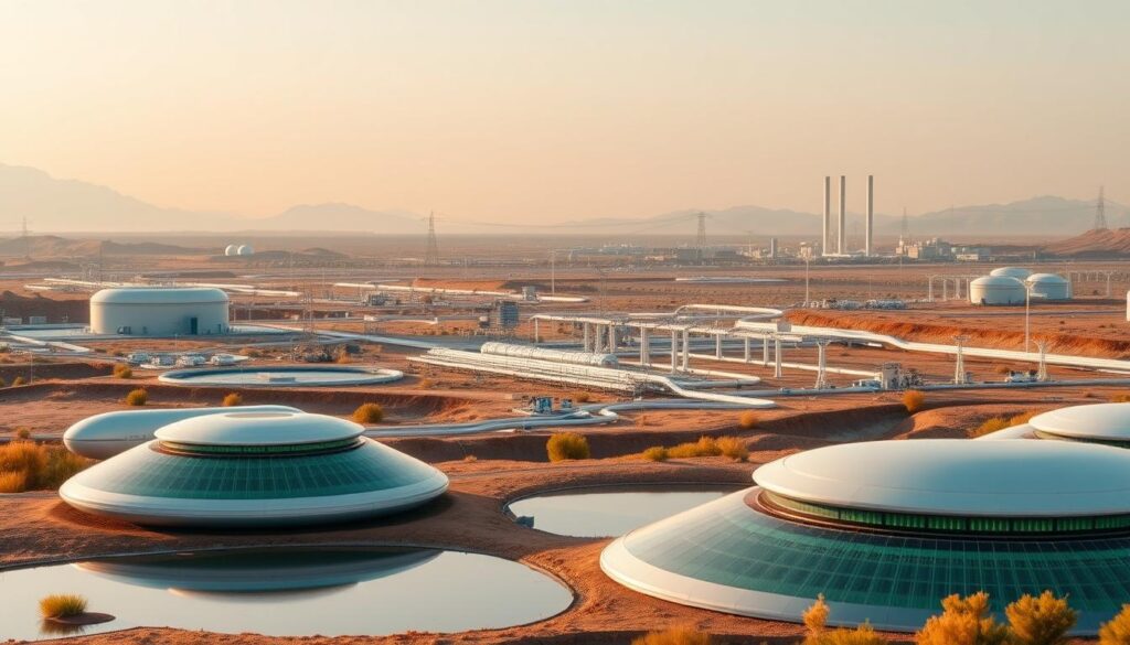 A futuristic landscape showcasing cutting-edge aquifer recharge systems. In the foreground, a series of advanced infiltration basins and injection wells, their sleek designs hinting at their efficiency. The middle ground features a sprawling network of pipes and monitoring stations, all powered by renewable energy sources. In the background, towering aquifer storage and recovery facilities stand as beacons of sustainable groundwater management. The scene is bathed in a warm, amber glow, creating a sense of optimism and progress. Captured through the lens of a high-resolution camera, the image conveys the technological advancements and environmental consciousness shaping the future of aquifer recharge.