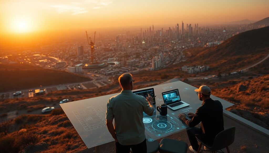 A futuristic landscape with a sprawling cityscape in the background, illuminated by a warm, golden sunset. In the foreground, a team of remote engineers collaborates seamlessly, their holographic displays and augmented reality interfaces floating effortlessly around them. The scene exudes a sense of innovation and technological advancement, hinting at the boundless possibilities of remote engineering services. Sleek, minimalist structures and autonomous vehicles dot the cityscape, creating an atmosphere of efficiency and progress. The lighting is soft and atmospheric, casting long shadows and creating a sense of depth and dimensionality. The camera angle is slightly elevated, offering a panoramic view of this futuristic, interconnected world.