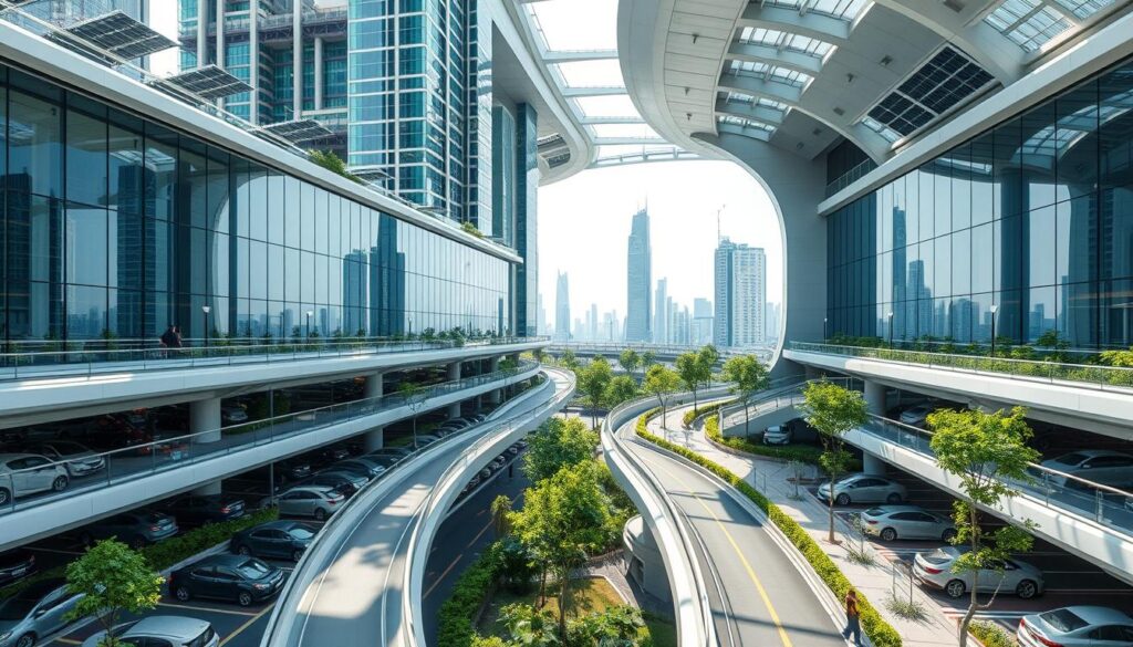 A futuristic parking structure with sleek, energy-efficient designs and integrated sustainable features. Towering glass facades allow natural light to flood the interior, complemented by strategically placed solar panels on the rooftop. Elegant ramps curve through the structure, guiding vehicles to designated parking bays marked by subtle LED indicators. Charging stations for electric vehicles are seamlessly incorporated, while greenery and water-efficient landscaping create a serene, eco-friendly atmosphere. The structure's facades reflect the surrounding cityscape, blending harmoniously with the urban landscape. Cutting-edge monitoring systems optimize traffic flow and energy usage, showcasing the future of parking infrastructure design.