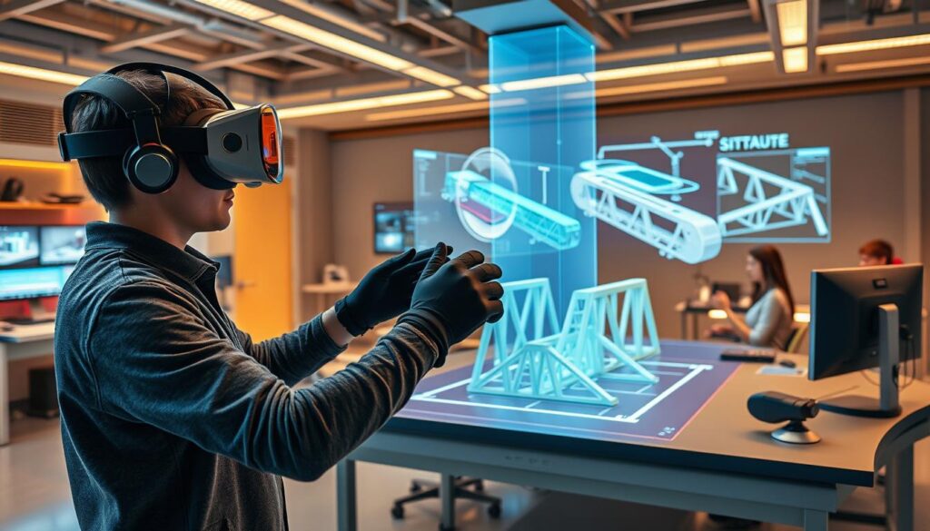A futuristic scene of a virtual reality-enabled structural engineering classroom. In the foreground, a student wearing a VR headset and motion-tracking gloves is manipulating a 3D model of a bridge truss, immersed in a realistic simulation. The middle ground features other students collaborating on shared VR displays, analyzing stress points and testing design alterations. The background showcases a high-tech laboratory setting with advanced workstations, holographic displays, and cutting-edge visualization tools. Warm, diffused lighting creates a sense of depth and atmosphere, while the sleek, modern aesthetic reflects the cutting-edge nature of this innovative educational approach.