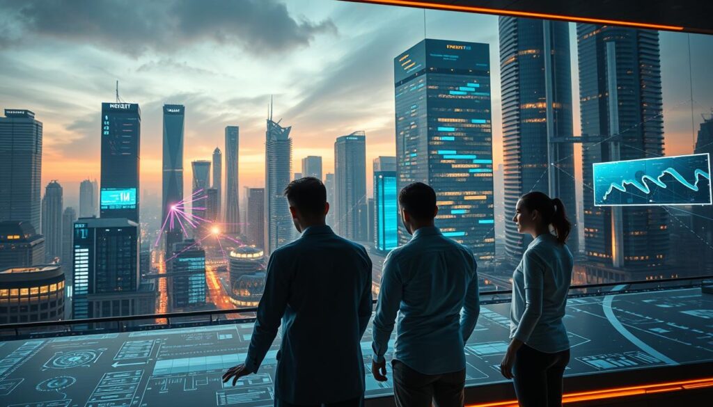A futuristic scene of project management trends, captured in a cinematic wide-angle shot. In the foreground, a team of professionals collaborating at a sleek, holographic interface, their movements and gestures commanding an array of data visualizations. In the middle ground, a network of interconnected project timelines, Gantt charts, and AI-powered task management tools, all synced and optimized for maximum efficiency. The background is a cityscape of towering skyscrapers, their facades adorned with dynamic displays showcasing the latest project updates and KPIs. Warm, ambient lighting casts a futuristic glow, complemented by the faint hum of advanced technology. The overall atmosphere conveys a sense of innovation, seamless collaboration, and the evolution of project management in the digital age.