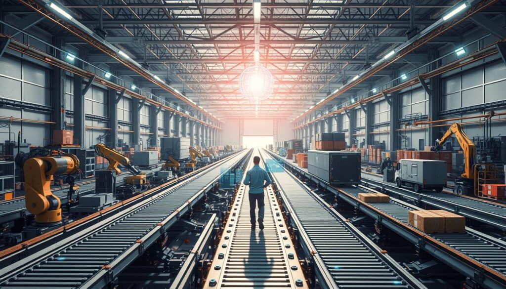 A futuristic supply chain hub, with sleek, automated warehouses and distribution centers in the background. In the foreground, a network of conveyor belts, robotic arms, and smart logistics systems efficiently move and track goods. Bright, overhead lighting illuminates the scene, casting long shadows and creating a sense of scale and technological sophistication. In the middle ground, logistics managers monitor real-time data on holographic displays, coordinating the intricate flow of materials and products. The overall atmosphere conveys a sense of precision, efficiency, and the seamless integration of human and machine intelligence in modern supply chain management.