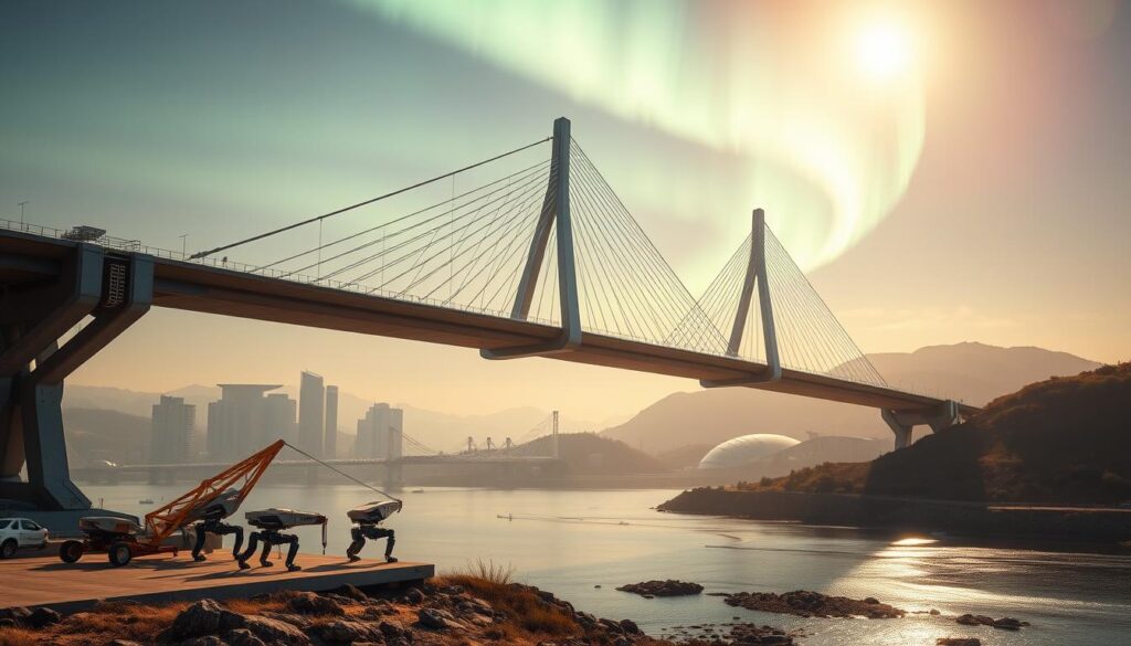 A futuristic suspension bridge with sleek, curving geometric forms soaring above a tranquil river. In the foreground, a fleet of advanced construction robots carefully assemble the bridge's modular components, their movements precise and efficient. The midground features a dynamic landscape of towering skyscrapers and rolling hills, bathed in warm, diffused lighting that casts long shadows. In the background, a vibrant aurora borealis dances across the sky, illuminating the scene with shimmering, otherworldly hues. The overall atmosphere conveys a sense of awe-inspiring innovation, technological prowess, and a harmonious integration of man and machine.