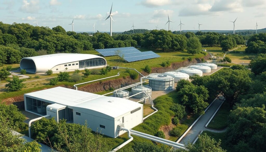 A futuristic sustainable sanitation facility, powered by renewable energy, nestled amidst lush greenery. In the foreground, a sleek, modular treatment plant processes waste using innovative biological and chemical methods. The middle ground showcases a network of underground pipes and storage tanks, seamlessly integrated into the landscape. In the background, a solar array and wind turbines harness clean energy to power the entire system. The scene has a serene, high-tech aesthetic, reflecting the cutting-edge engineering and environmental harmony of this sustainable sanitation technology.