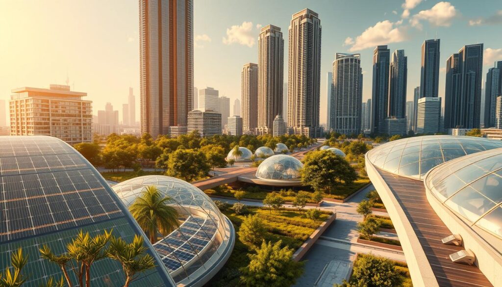 A futuristic urban landscape bathed in warm, golden light. In the foreground, a cluster of innovative sustainable building materials - transparent solar panels, modular bamboo structures, and self-healing concrete surfaces. In the middle ground, cutting-edge green infrastructure like bioswales, living walls, and permeable paving. In the background, towering skyscrapers with seamlessly integrated renewable energy systems. The scene conveys a harmonious balance between human development and the natural environment, showcasing the potential of eco-friendly civil engineering materials to shape a more sustainable urban future.