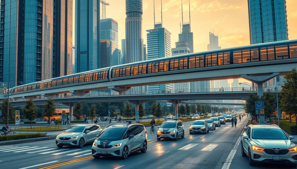 A futuristic urban landscape depicting smart mobility solutions in a thriving smart city. In the foreground, a fleet of sleek, self-driving electric vehicles navigates the streets seamlessly. In the middle ground, a high-speed monorail system glides above the city, while pedestrians and cyclists utilize interconnected bike lanes and walkways. The background showcases towering skyscrapers and advanced infrastructure, bathed in a warm, ambient lighting that creates a sense of harmony and efficiency. The scene conveys a vision of a sustainable, technologically-advanced transportation network that prioritizes convenience, environmental responsibility, and the seamless integration of diverse modes of transit.