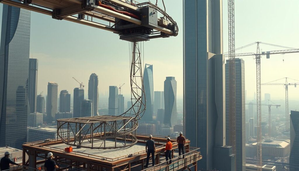 A futuristic urban landscape, where towering skyscrapers and sleek structures rise amidst a bustling city. In the foreground, a 3D printer extrudes a web of intricate steel and concrete, shaping the framework of a new building. The printer's robotic arm moves with precision, casting dynamic shadows that dance across the construction site. In the middle ground, construction workers supervise the process, marveling at the efficiency and precision of this cutting-edge technology. The background is filled with a hazy cityscape, with gleaming glass facades and the faint silhouettes of cranes, symbolizing the rapid transformation of the urban environment. The scene conveys a sense of progress, innovation, and the promise of a more sustainable and efficient future for urban construction.