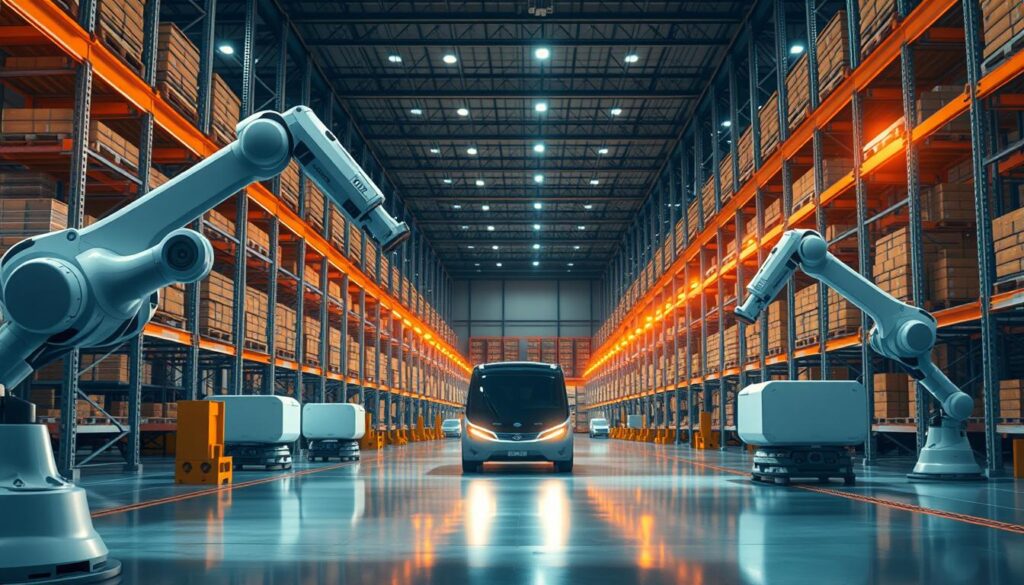 A futuristic warehouse interior with sleek, automated systems for logistics optimization. In the foreground, robotic arms gracefully move cargo, while in the middle ground, autonomous vehicles navigate through the facility. The background features towering racks, glowing displays, and a minimalist, high-tech aesthetic. Warm, directional lighting casts long shadows, creating a sense of depth and efficiency. The overall scene conveys the seamless integration of technology and logistics, showcasing the power of optimization in intermodal transport.