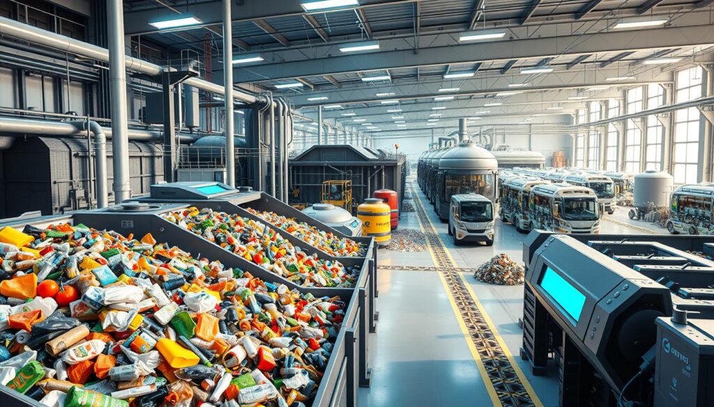 A futuristic waste management facility bustles with activity. In the foreground, an array of high-tech sorting machines efficiently process a diverse stream of recyclables, plastics, and organic waste. The middle ground showcases innovative bioreactors and anaerobic digesters, converting waste into renewable energy and valuable byproducts. In the background, a fleet of autonomous electric vehicles seamlessly transport materials through the facility, powered by the renewable energy generated on-site. Bright, diffused lighting illuminates the scene, creating a clean, modern atmosphere that conveys the cutting-edge nature of waste management engineering innovations.