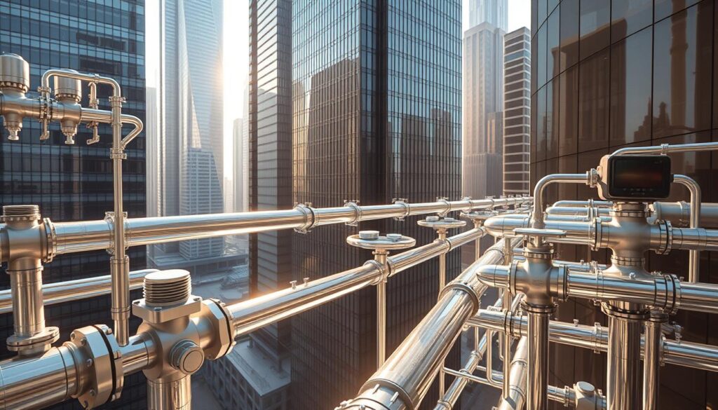 A futuristic water distribution network cascading through a modern city skyline. Gleaming pipelines and valves weave between towering skyscrapers, delivering clean water with precision. Transparent tubes and holographic interfaces provide real-time monitoring, while energy-efficient pumps hum softly. Sunlight filters through windows, casting warm shadows on the intricate system. Sleek, minimalist design emphasizes efficiency and sustainability, showcasing the advancements in urban water infrastructure. The scene conveys a harmonious blend of technology and nature, highlighting the innovations shaping the future of water supply design.