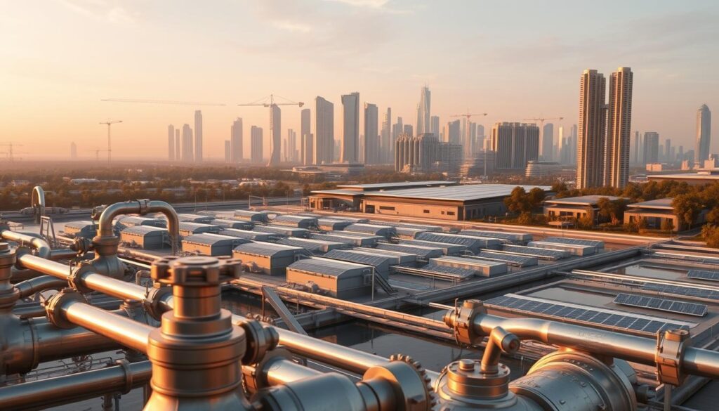 A futuristic water engineering landscape, bathed in warm, golden hour lighting. In the foreground, a network of sleek, interconnected pipes and valves, their surfaces gleaming with advanced materials. In the middle ground, a sprawling array of modular, sustainable water treatment facilities, their angular, geometric forms punctuated by carefully placed solar panels. In the background, a cityscape of towering, eco-friendly skyscrapers, their reflective facades mirroring the sky and the innovative water infrastructure below. The overall scene conveys a sense of technological sophistication, environmental harmony, and a vision for the future of water management.