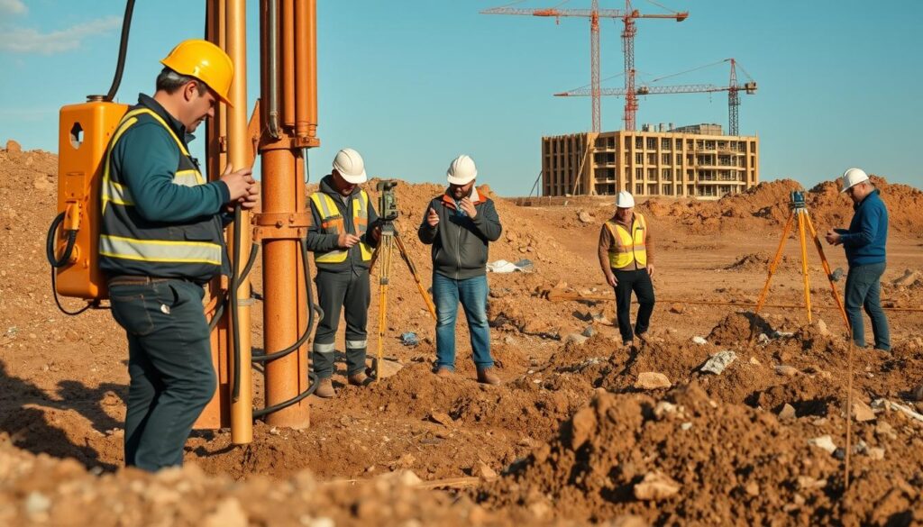 A geotechnical investigation site, with a team of engineers inspecting the soil and rock conditions. In the foreground, a technician operates a drilling rig, extracting core samples for analysis. In the middle ground, surveyors use GPS equipment to map the terrain, while geologists examine rock formations. In the background, a construction project looms, highlighting the importance of thorough geotechnical investigations to mitigate risks and ensure the project's success. The scene is illuminated by warm, natural lighting, creating a sense of diligence and purpose. The camera angle is slightly elevated, providing a comprehensive view of the investigation process.