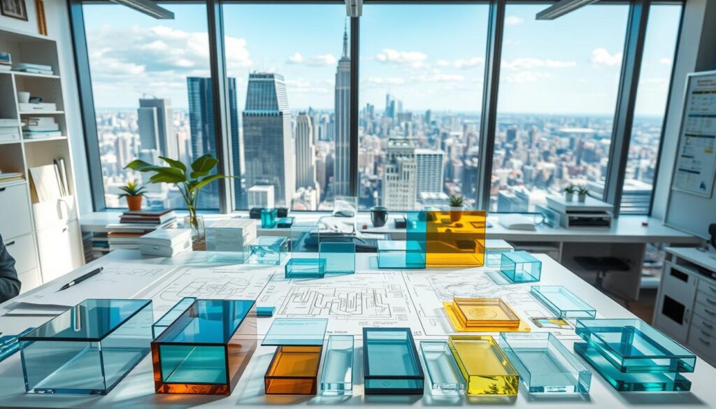 A glass engineer's workspace, well-lit and meticulously organized. In the foreground, various types of glass samples are displayed, showcasing their unique properties and applications - tempered glass, laminated glass, borosilicate glass, and more. The middle ground features technical diagrams and schematics, providing insights into the design and engineering processes. In the background, a large window offers a panoramic view of a bustling city skyline, hinting at the real-world impact of these specialized glass materials. The scene conveys a sense of professionalism, innovation, and the collaborative nature of the glass engineering field.
