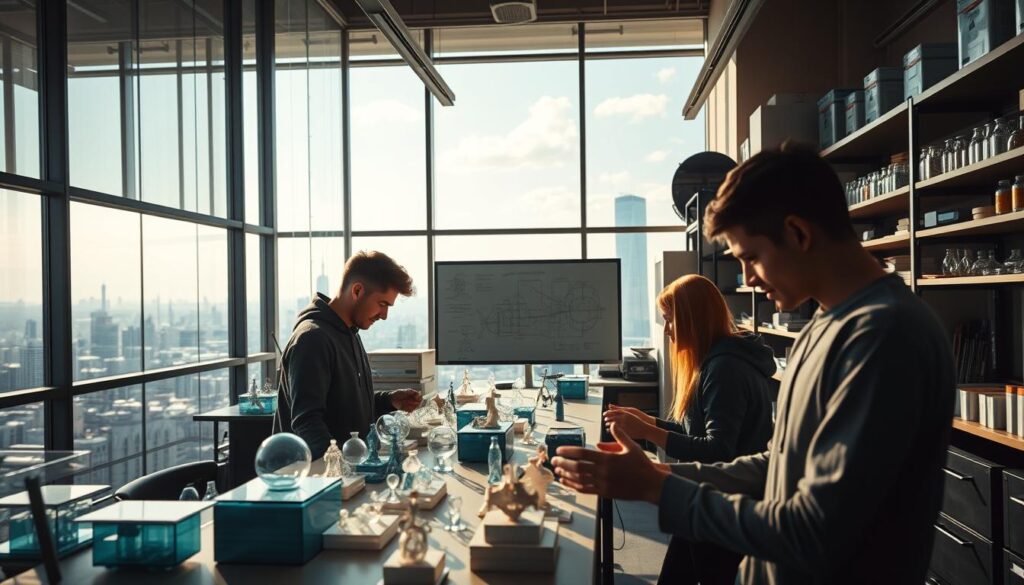 A glass-walled, sun-drenched classroom showcasing a vibrant educational environment for glass engineering. In the foreground, students intently study 3D printed glass models, surrounded by shelves of specialized tools and equipment. The middle ground features a large whiteboard displaying intricate technical diagrams, while the background reveals panoramic windows overlooking a bustling city skyline. Warm, diffused lighting creates a serene, focused atmosphere, conveying the rigor and precision of this specialized field. A sense of discovery and innovation permeates the scene, capturing the essence of mastering the craft of glass engineering.