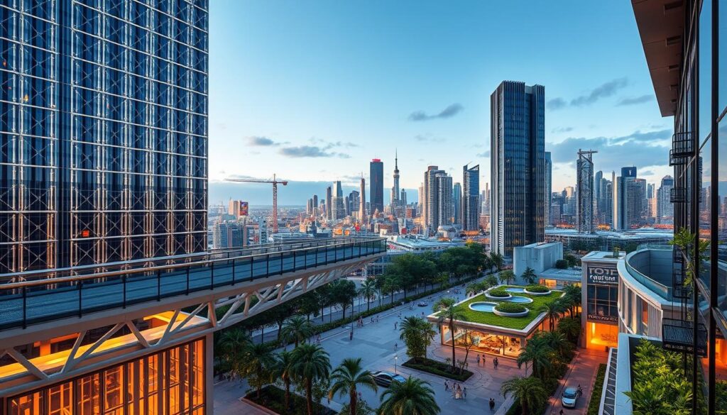 A gleaming skyscraper facade made of cutting-edge transparent solar panels, seamlessly integrated with intricate lattices of advanced composite materials. In the foreground, a suspended pedestrian walkway constructed from biocomposite concrete and reclaimed plastics, bathed in warm natural lighting. The middle ground features an interactive urban plaza paved with porous, self-healing pavements and dotted with vibrant, living green walls. In the distance, a vast skyline of futuristic, energy-efficient buildings rising up, symbolizing the innovative transformation of the modern urban landscape.
