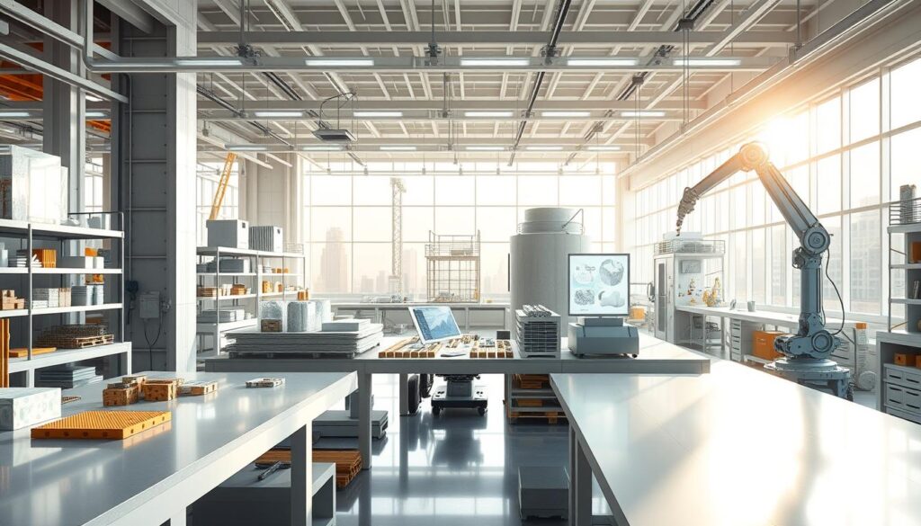 A gleaming, state-of-the-art laboratory filled with advanced construction materials. Sleek, futuristic workbenches display an array of innovative building components - self-healing concrete, high-tensile steel alloys, ultra-lightweight carbon fiber composites, and cutting-edge smart materials with embedded sensors. Sunlight streams in through floor-to-ceiling windows, casting a warm glow over the pristine, techno-industrial space. Holographic displays flicker with 3D renderings and data visualizations, while robotic arms meticulously assemble prototype structures. An atmosphere of technological progress and architectural innovation permeates the scene.