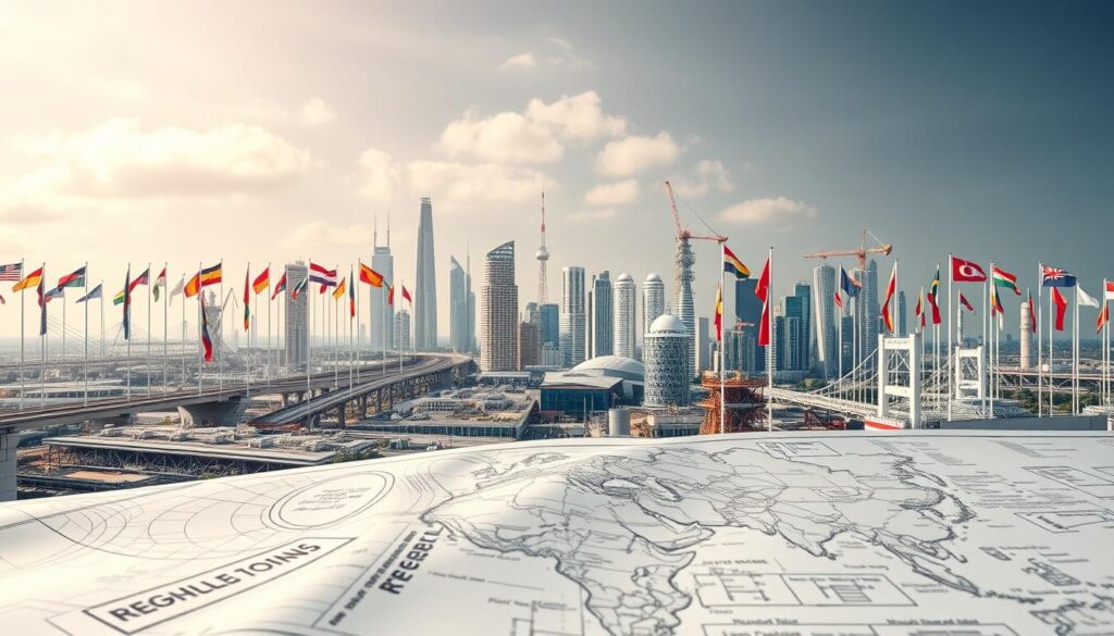 A global engineering landscape with detailed regulations and standards in the foreground, represented by overlapping blueprints, technical diagrams, and signage. In the middle ground, various engineering projects and infrastructure such as bridges, skyscrapers, and industrial facilities, all adhering to the established guidelines. The background depicts a diverse array of national flags, symbolizing the international nature of engineering regulations. The lighting is soft and balanced, creating a sense of professionalism and authority. The overall atmosphere conveys the complexity and importance of navigating the global standards that govern the engineering industry.