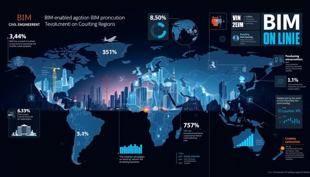 A global map depicting the widespread adoption of Building Information Modeling (BIM) across different regions. In the foreground, various BIM-enabled construction projects come to life, showcasing the integration of digital technologies and collaborative workflows. The middle ground features international skylines, representing the transformation of urban landscapes through BIM-driven design and construction. In the background, data visualizations and infographics illustrate the growth and maturity of BIM implementation, highlighting the diverse perspectives and strategies employed by countries worldwide. The image conveys a sense of interconnectedness, innovation, and the global momentum behind the BIM revolution in the civil engineering industry.