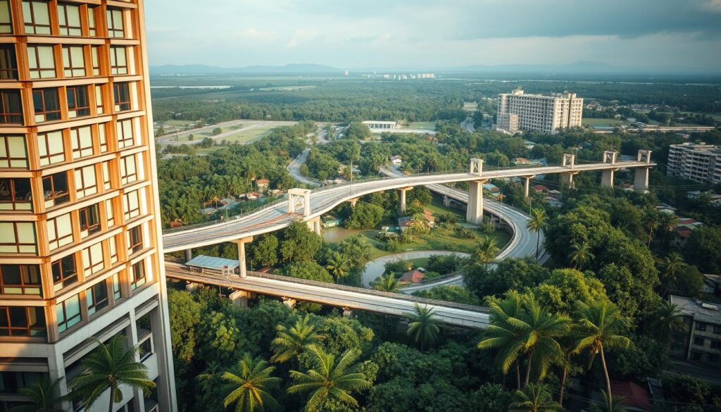 A global scene of resilience against natural disasters. In the foreground, a strong, modern building with reinforced steel frame and impact-resistant windows stands tall, protected by a well-designed drainage system. In the middle ground, a network of elevated walkways and bridges connects diverse communities, enabling safe evacuation and relief efforts. The background depicts a panoramic view of lush, sustainable landscapes - forests, wetlands, and urban green spaces - acting as natural barriers against floods, storms, and other climate-related hazards. Soft, warm lighting illuminates the scene, conveying a sense of preparedness, security, and community resilience. Captured with a wide-angle lens to emphasize the scale and interconnectedness of this disaster-resistant system.