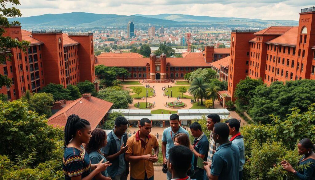 A grand campus of Makerere University, one of Africa's leading civil engineering schools, nestled in the heart of Kampala, Uganda. The iconic red-brick buildings stand tall, surrounded by lush greenery and bustling student life. In the foreground, a group of students engaged in a hands-on engineering project, their faces filled with determination and curiosity. The middle ground showcases state-of-the-art laboratories and workshops, where cutting-edge research and innovation are taking place. The background features the rolling hills and vibrant cityscape, creating a dynamic and inspiring setting for this center of academic excellence. Warm, natural lighting illuminates the scene, conveying a sense of progress and opportunity.