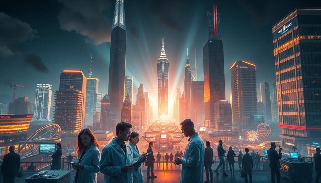 A grand, futuristic American cityscape, bustling with cutting-edge architecture and advanced technology. In the foreground, a group of diverse STEM leaders - scientists, engineers, and innovators - collaborating on groundbreaking projects. Towering skyscrapers and gleaming research facilities fill the middle ground, conveying a sense of American scientific supremacy. The background is illuminated by a vibrant, optimistic glow, reflecting the boundless potential of American STEM leadership to shape the global future. Dramatic, cinematic lighting casts dynamic shadows, emphasizing the dynamic energy of this scene. The overall atmosphere exudes a powerful, inspirational vision of American technological dominance and innovative spirit.
