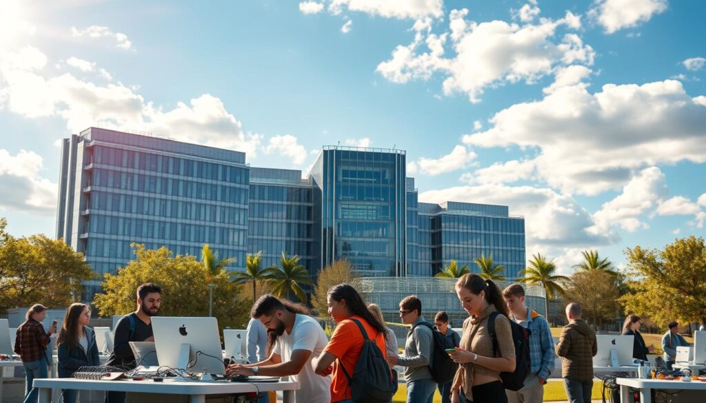 A grand, modern university campus with state-of-the-art engineering facilities, set against a backdrop of azure skies and sun-dappled greenery. In the foreground, a group of diverse students engrossed in collaborative projects, surrounded by sleek, high-tech equipment. The middle ground features an imposing, glass-and-steel academic building, its architecture a testament to the institution's commitment to innovation. Ambient lighting casts a warm, inviting glow, conveying a sense of intellectual curiosity and academic excellence. The overall scene exudes a mood of opportunity, progress, and the pursuit of knowledge in the digital age.