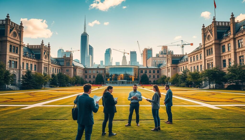 A grand, stately university campus with a sprawling central quad, meticulously landscaped and dotted with towering neo-gothic buildings. In the foreground, a group of confident students in professional attire, deep in discussion, their gestures animated as they review blueprints and engineering schematics. In the middle ground, a gleaming, state-of-the-art research laboratory, its glass façade reflecting the bright, cloudless sky. In the background, the imposing silhouettes of skyscrapers and cranes, symbolizing the thriving industrial ecosystem that these accredited engineering programs feed. Warm, golden lighting bathes the scene, conveying a sense of prestige, innovation, and limitless potential.