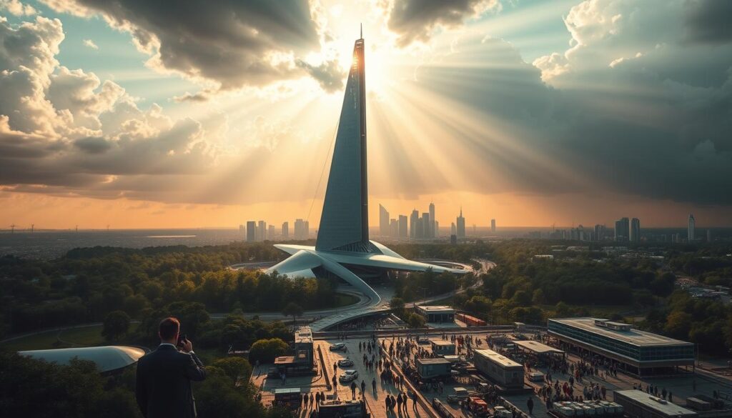 A grand, sweeping landscape showcasing the impact of government funding on engineering innovation. In the foreground, a towering futuristic structure rises, its sleek, angular design a testament to cutting-edge technologies. Surrounding it, lush greenery and a vibrant cityscape, hinting at the integration of innovative solutions into the urban fabric. In the middle ground, a bustling hub of activity, where scientists and engineers collaborate, their ideas taking shape under the watchful gaze of government officials. The background features a dramatic sky, with sunbeams piercing through clouds, illuminating the scene and symbolizing the bright future of government-backed engineering breakthroughs. The overall mood is one of optimism, progress, and the transformative power of public investment in driving innovation.