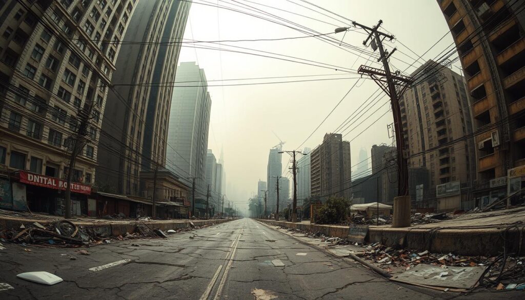 A gritty urban landscape, crumbling infrastructure juxtaposed against towering skyscrapers. Neglected roads, potholes, and cracked sidewalks in the foreground. Tangled web of overhead cables, rusting lampposts, and decaying buildings in the middle ground. Hazy cityscape, smog-filled sky, and a sense of neglect and decay in the background. Harsh, high-contrast lighting, conveying a sense of gloom and despair. Fisheye lens distortion to emphasize the overwhelming scale of the challenges. Somber, dystopian atmosphere, reflecting the pressing need for innovative civil engineering solutions to revitalize urban environments.