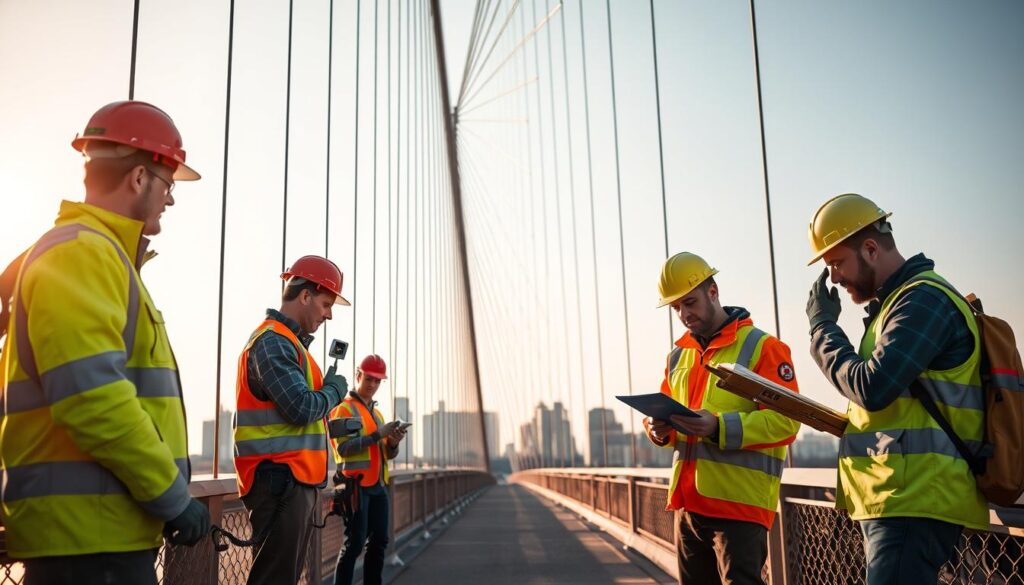 A group of bridge inspectors carefully examining the structural integrity of a suspension bridge, using a combination of visual inspection, non-destructive testing, and advanced imaging techniques. The inspectors are dressed in high-visibility safety gear, carrying specialized equipment and meticulously documenting their findings. The bridge is illuminated by warm, diffused sunlight, casting soft shadows that accentuate the intricate web of cables and support beams. In the background, the city skyline is visible, emphasizing the bridge's important role in the community's transportation network. The overall scene conveys a sense of diligence, professionalism, and a shared commitment to ensuring the safety and longevity of the critical infrastructure.