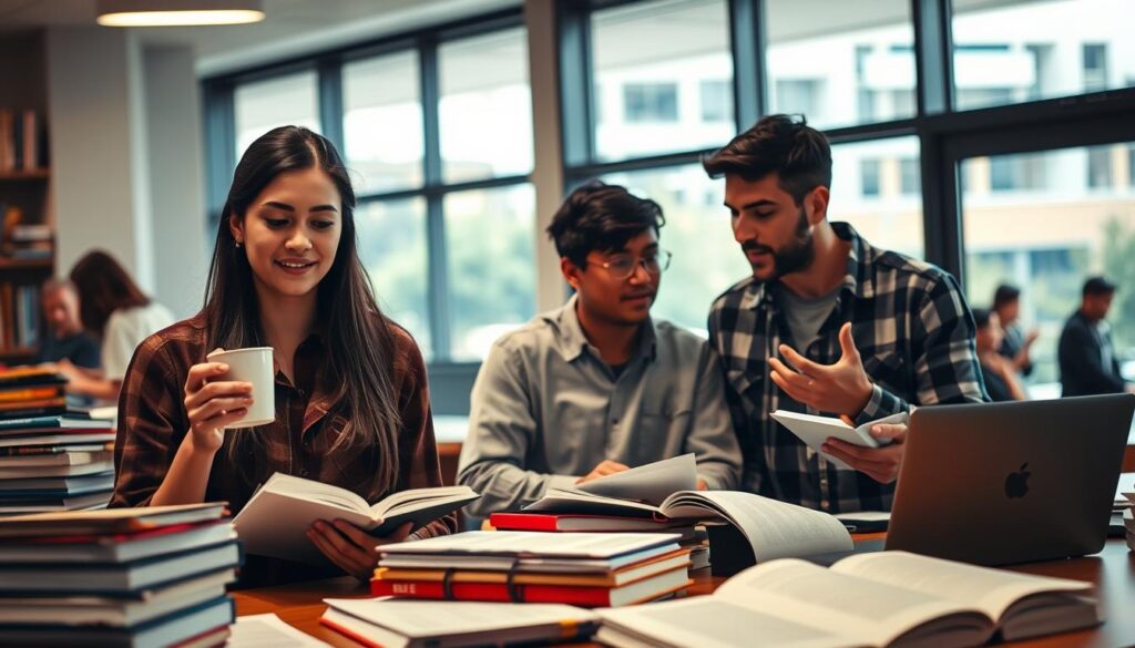 A group of civil engineering students diligently studying in a well-lit campus library, surrounded by stacks of textbooks and laptops. In the foreground, a female student takes a deep breath, balancing a cup of coffee as she reviews her notes. Nearby, a male student engages in lively discussion with a classmate, gesturing animatedly. In the background, a window offers a glimpse of the bustling campus, hinting at the students' need to maintain a balanced lifestyle amidst the demands of their rigorous program. The scene is captured with a warm, soft-focus lens, conveying a sense of focus, camaraderie, and the delicate equilibrium between academic and personal pursuits.