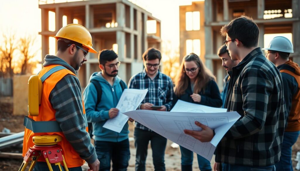 A group of civil engineering students engaged in hands-on training, surrounded by construction equipment and blueprints. In the foreground, a student operates a surveying instrument, carefully measuring the terrain. In the middle ground, others discuss design plans while examining a scaled model. The background features a partially constructed building, bathed in warm, natural lighting that filters through the windows. The atmosphere conveys a sense of dedicated learning, with an air of problem-solving and collaboration essential to the field of civil engineering.