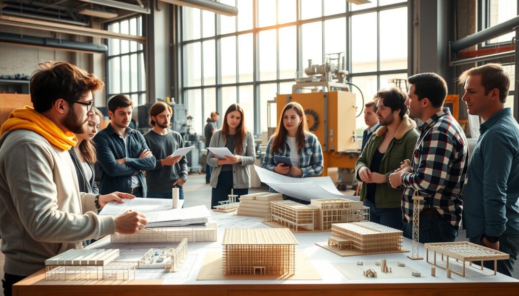 A group of civil engineering students in a modern training facility, meticulously studying construction blueprints under the guidance of an experienced instructor. The room is bathed in warm, natural lighting filtering through large windows, creating a focused and collaborative atmosphere. In the foreground, a student gestures animatedly while explaining a complex design, while their classmates take notes and engage in lively discussion. In the middle ground, 3D models and scale prototypes of various infrastructure projects are displayed, showcasing the hands-on nature of their training. The background features state-of-the-art equipment and tools, hinting at the technical expertise being cultivated within this space.