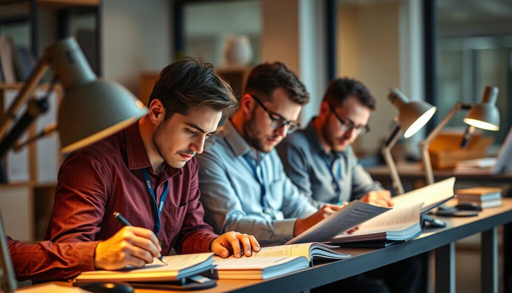 A group of civil engineers diligently recording their Continuing Professional Development (CPD) activities in a well-lit office setting. Desk lamps cast a warm glow over their focused expressions as they meticulously document their technical training, conference attendance, and self-directed learning. The scene exudes a sense of professionalism and dedication, with a neatly organized workspace in the background. The engineers' attentive postures and the attention to detail in their documentation convey the importance of maintaining a comprehensive CPD record to advance their careers.