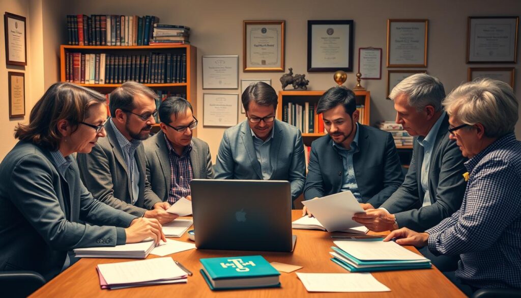 A group of college professors engaged in a lively discussion around a table, with books, papers, and a laptop computer scattered across the surface. The lighting is warm and inviting, casting a gentle glow on their faces as they intently review documents and exchange ideas. In the background, a bookshelf filled with academic tomes and certificates on the wall suggest an academic setting. The scene conveys a sense of collaborative effort, with the professors working together to ensure the high quality and standards of their engineering program, reflecting their vital role in the accreditation process.