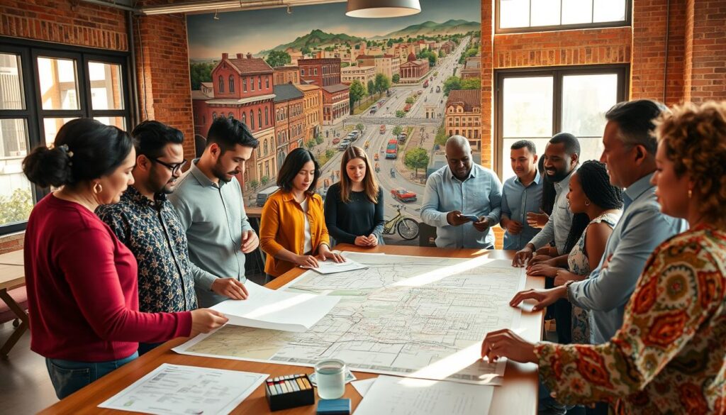 A group of diverse community members engaged in lively discussion around a table, illuminated by warm, natural lighting streaming through large windows. Architects and urban planners stand alongside local residents, pouring over detailed infrastructure plans and maps, gesturing animatedly as they collaborate to envision a more inclusive, sustainable future for their neighborhood. The atmosphere is one of earnest cooperation, with everyone contributing their unique perspectives and concerns. In the background, a vibrant mural depicting the area's history and cultural heritage serves as a reminder of the deep roots of this community.